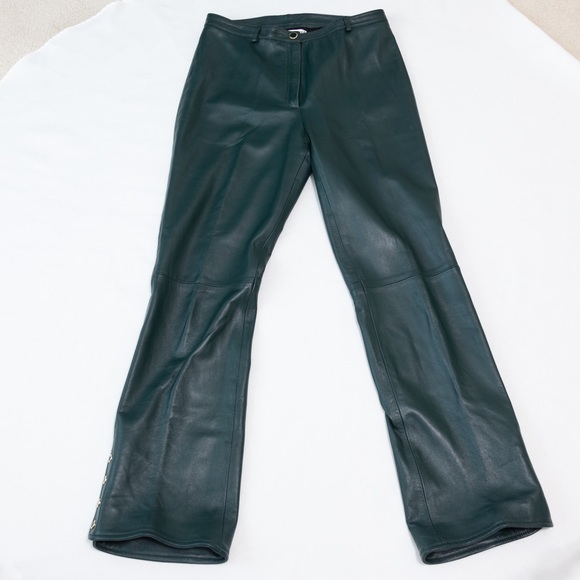 St. John Collection Women's Vintage Green with Gold 100% Leather Pants Size 8 - Picture 1 of 7